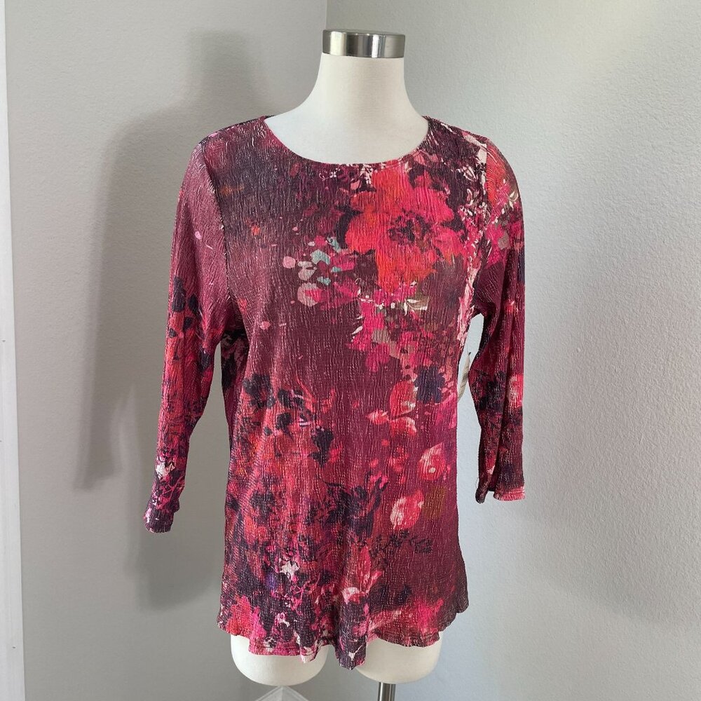 NEW COLDWATER CREEK Womens Plus 1X Crinkle Blossom Top Floral 3/4 Sleeve Shirt